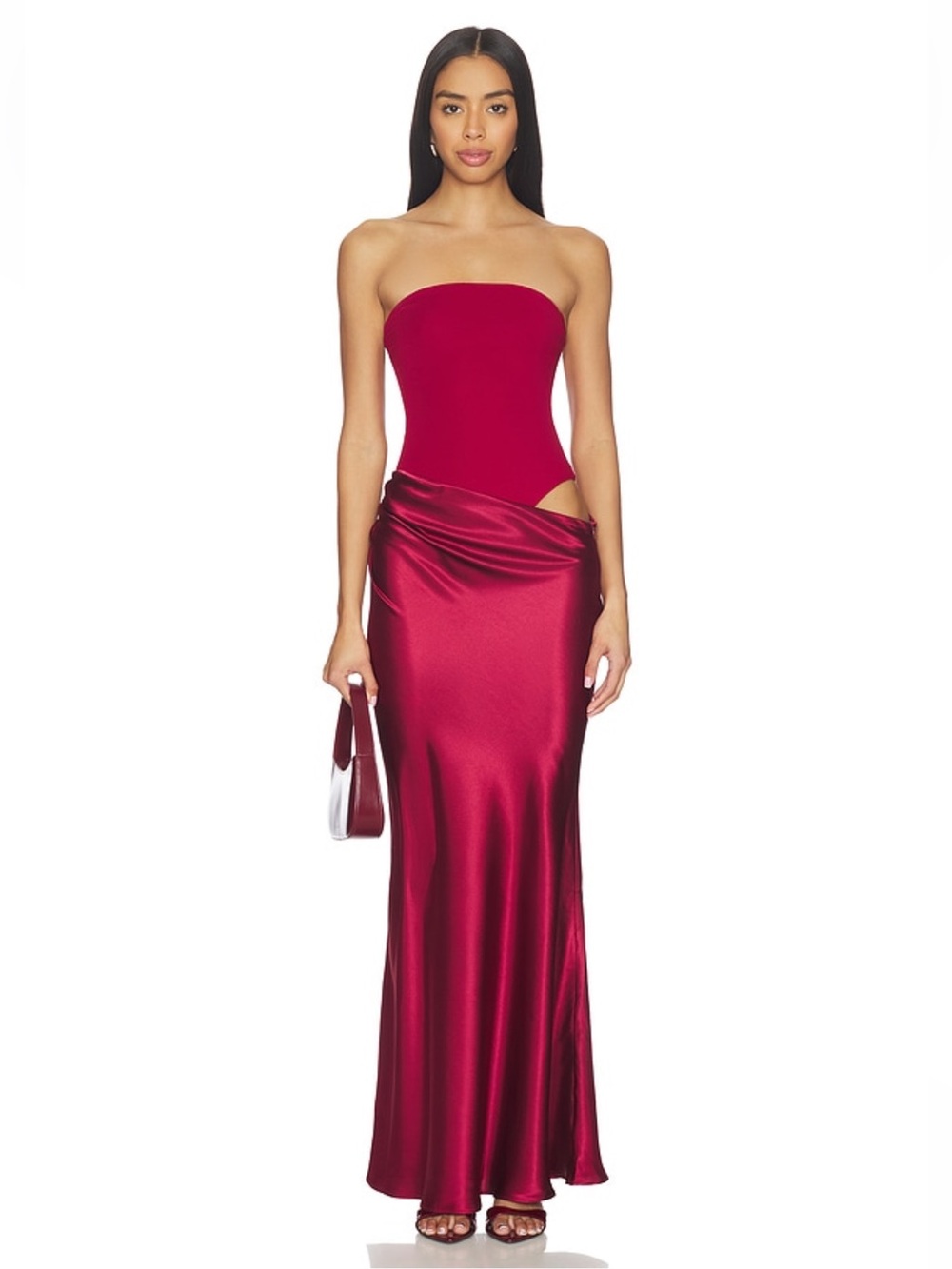 Strapless Satin Cutout Gown in Burgundy